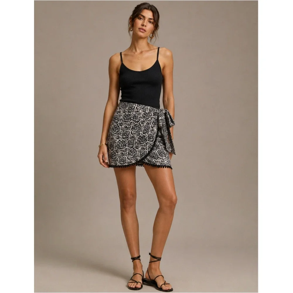 Industry Republic Mini Wrap Skirt M Black White Floral Pom Pom Trim Boho Coastal
